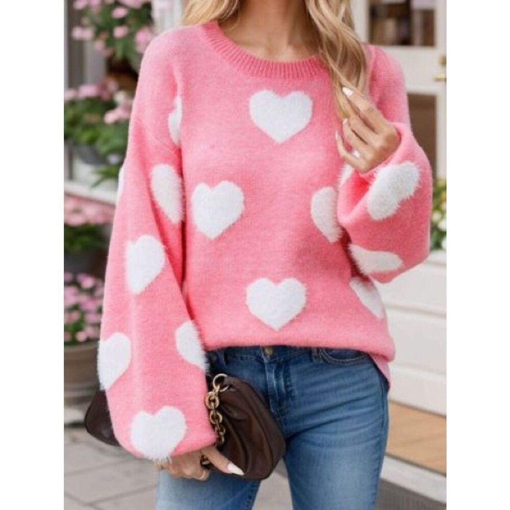 Uncharted Threads Cozy Coral White Heart Cropped Relaxed Knit Sweater (Large)